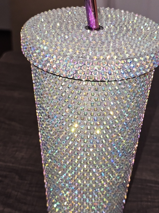 Other - Iridescent Rhinestone Tumbler with Metal Straw